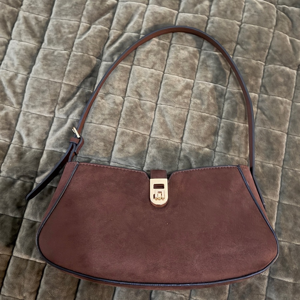 Brown Suede Shoulder Bag with Gold-Tone Closure